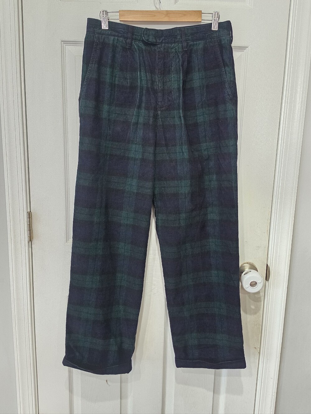 J.Crew Relaxed Pleated 14 Wale Corduroy Trouser Pants Mens 30x31 Blue Plaid Y2K